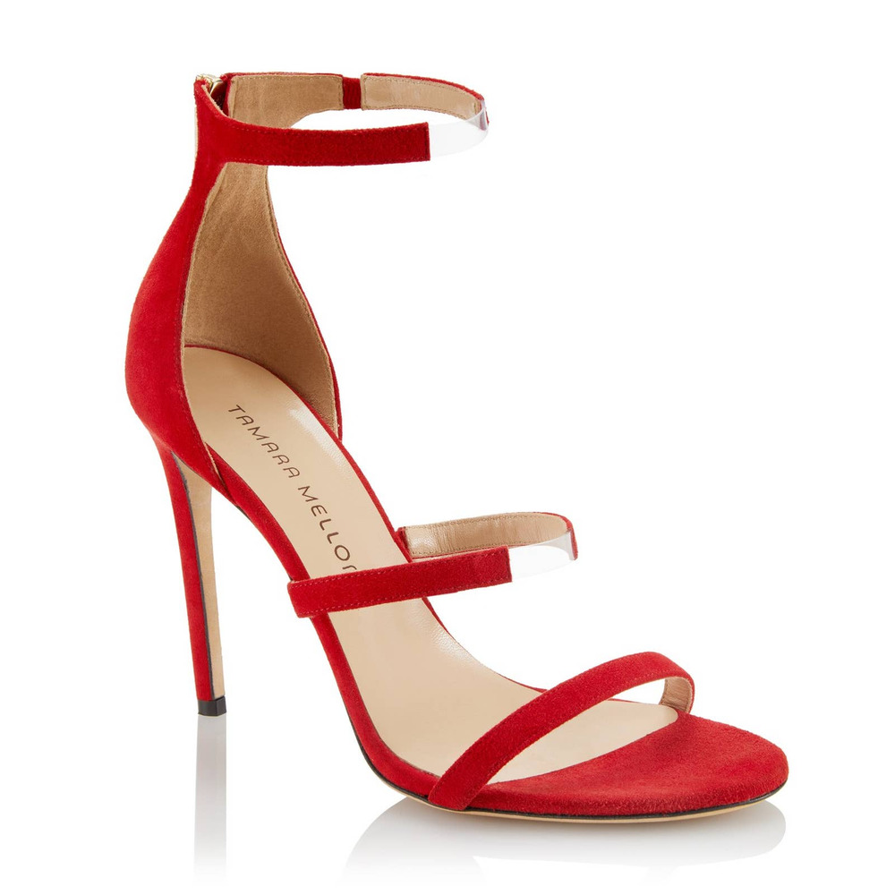 Tamara Mellon Reverse Frontline 105 Red Suede Heeled Sandals Women's Size 37.5 - Picture 9 of 11